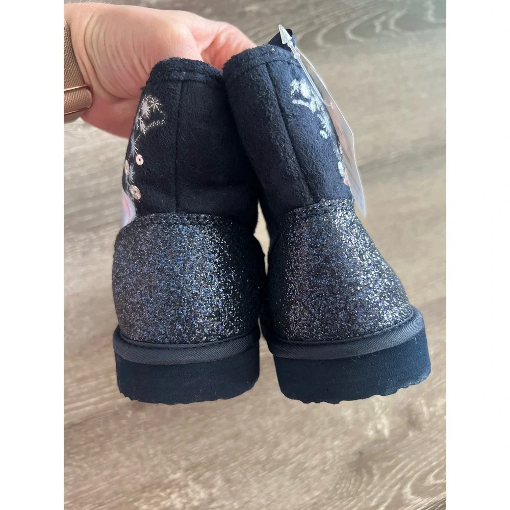 NEW H&M Boots Kids 9-9.5 Navy Blue  Frozen Anna Elsa Glitter Faux Fur Lining
